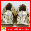 Cheap wholesale fashion autumn sandals gold cow leather flat tassels hard sole baby shoes